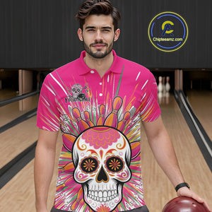 Custom Pink Sugar Skull Bowling Team Polo Shirts For Men, Halloween Bowlers Outfit IPHW9254