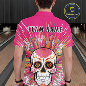 Custom Pink Sugar Skull Bowling Team Polo Shirts For Men, Halloween Bowlers Outfit IPHW9254