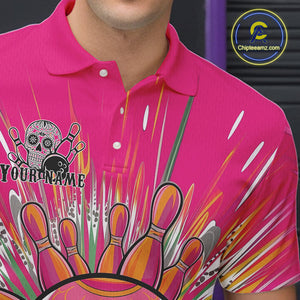 Custom Pink Sugar Skull Bowling Team Polo Shirts For Men, Halloween Bowlers Outfit IPHW9254