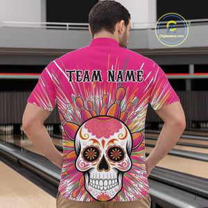 Custom Pink Sugar Skull Bowling Team Quarter-Zip Shirts For Men, Halloween Bowlers Outfit IPHW9254