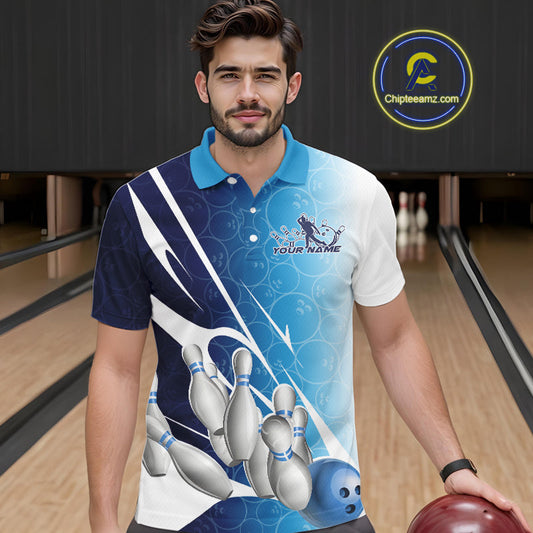 Custom Blue Bowling Pattern Bowling Team Polo Shirts For Men, Blue Bowling Jerseys IPHW9426