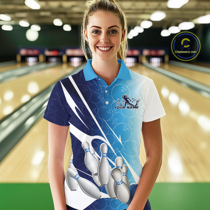 Custom Blue Bowling Pattern Bowling Team Polo Shirts For Women, Blue Bowling Jerseys IPHW9426