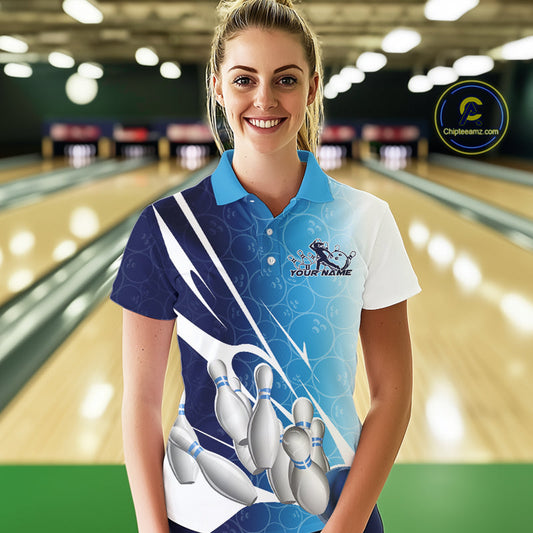 Custom Blue Bowling Pattern Bowling Team Polo Shirts For Women, Blue Bowling Jerseys IPHW9426