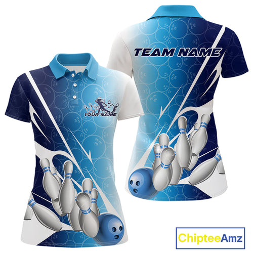 Custom Blue Bowling Pattern Bowling Team Polo Shirts For Women, Blue Bowling Jerseys IPHW9426
