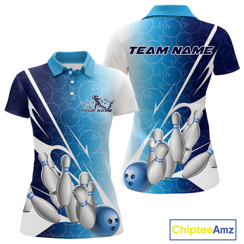 Custom Blue Bowling Pattern Bowling Team Polo Shirts For Women, Blue Bowling Jerseys IPHW9426