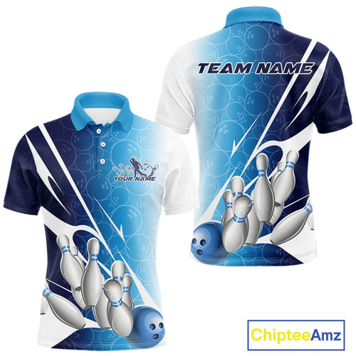 Custom Blue Bowling Pattern Bowling Team Polo Shirts For Men, Blue Bowling Jerseys IPHW9426