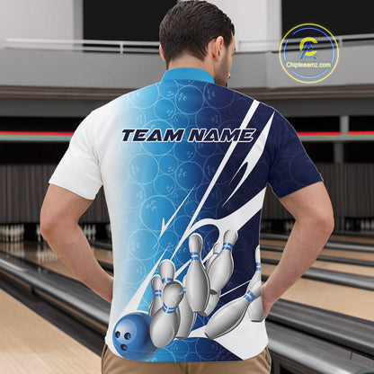 Custom Blue Bowling Pattern Bowling Team Quarter-Zip Shirts For Men, Blue Bowling Jerseys IPHW9426