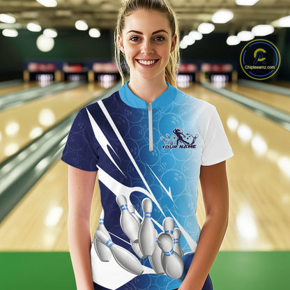 Custom Blue Bowling Pattern Bowling Team Women Quarter-Zip Shirts, Blue Bowling Jerseys IPHW9426