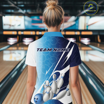 Custom Blue Bowling Pattern Bowling Team Women Quarter-Zip Shirts, Blue Bowling Jerseys IPHW9426