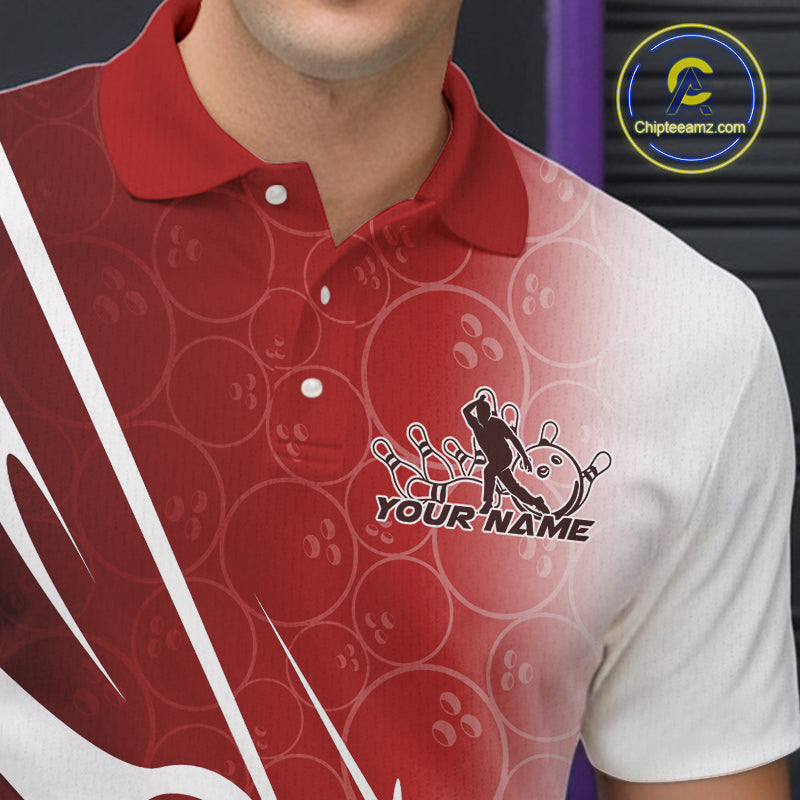 Custom Red Bowling Pattern Bowling Team Polo Shirts For Men, Red Bowling Jerseys IPHW9427