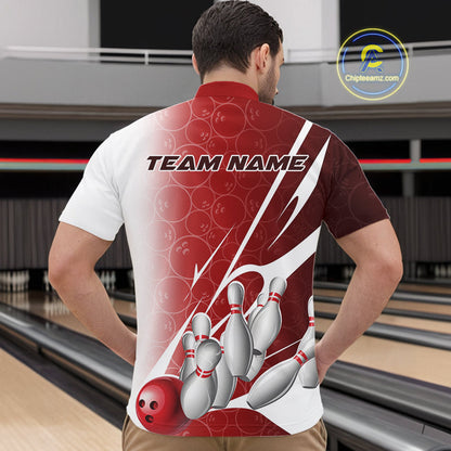 Custom Red Bowling Pattern Bowling Team Quarter-Zip Shirts For Men, Red Bowling Jerseys IPHW9427