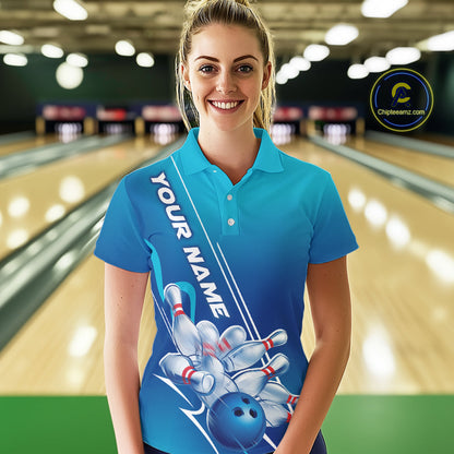 Custom Blue Bowling Pattern Bowling Team Polo Shirts For Women, Blue Bowling Jerseys IPHW9428