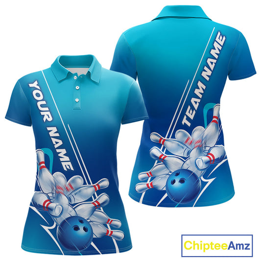 Custom Blue Bowling Pattern Bowling Team Polo Shirts For Women, Blue Bowling Jerseys IPHW9428