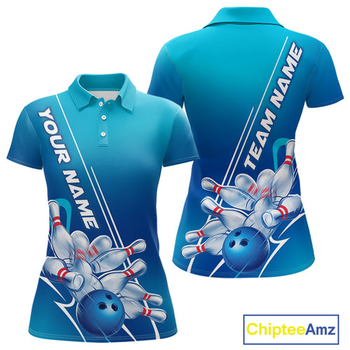 Custom Blue Bowling Pattern Bowling Team Polo Shirts For Women, Blue Bowling Jerseys IPHW9428