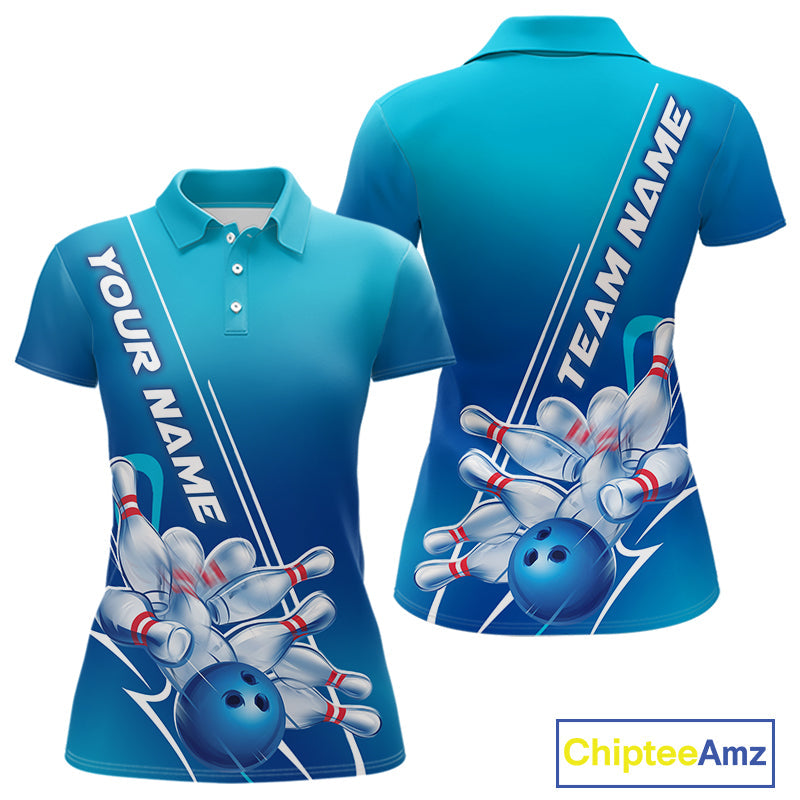 Custom Blue Bowling Pattern Bowling Team Polo Shirts For Women, Blue Bowling Jerseys IPHW9428
