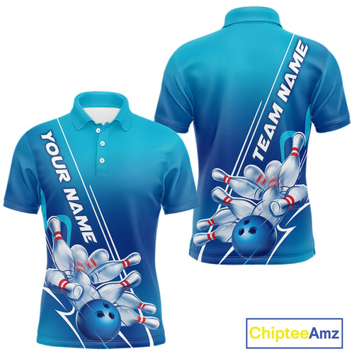Custom Blue Bowling Pattern Bowling Team Polo Shirts For Men, Blue Bowling Jerseys IPHW9428