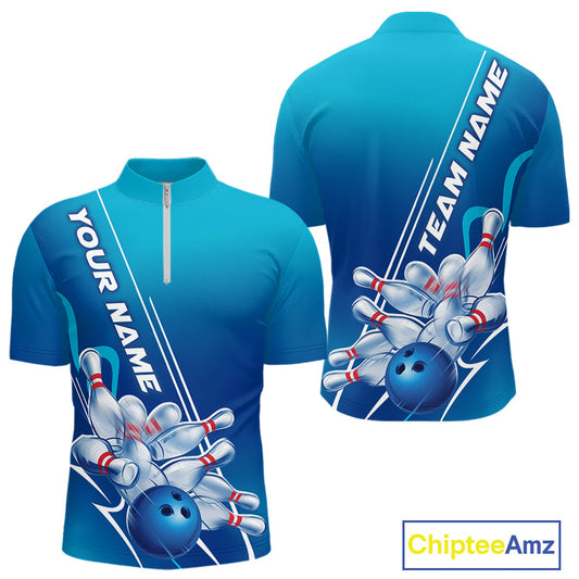 Custom Blue Bowling Pattern Bowling Team Quarter-Zip Shirts For Men, Blue Bowling Jerseys IPHW9428
