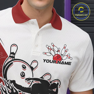 Cusom Red Strike Bowling Team Polo Shirts For Men, Bowling League Shirt Bowlers Outfit IPHW9259
