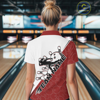 Cusom Red Strike Bowling Team Polo Shirts For Women, Bowling League Shirt Bowlers Outfit IPHW9259
