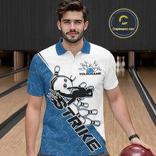 Load image into Gallery viewer, Cusom Blue Strike Bowling Team Polo Shirts For Men, Bowling League Shirt Bowlers Outfit IPHW9260