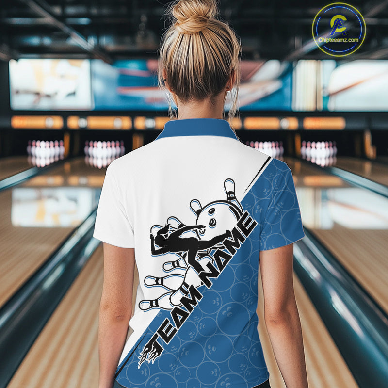 Cusom Blue Strike Bowling Team Women Quarter-Zip Shirt, Bowling League Bowler Outfit IPHW9260