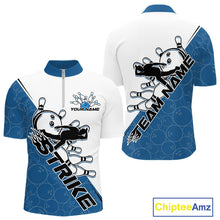 Load image into Gallery viewer, Cusom Blue Strike Bowling Team Quarter-Zip Shirts For Men, Bowling League Shirt Bowlers Outfit IPHW9260