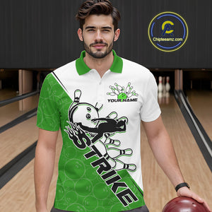 Cusom Green Strike Bowling Team Polo Shirts For Men, Bowling League Shirt Bowlers Outfit IPHW9261