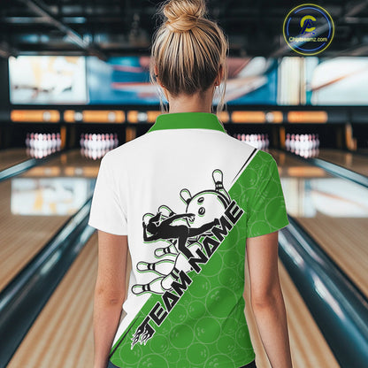 Cusom Green Strike Bowling Team Polo Shirt For Women, Bowling League Shirt Bowlers Outfit IPHW9261