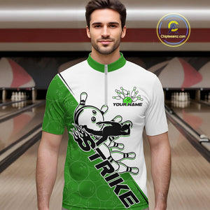 Cusom Green Strike Bowling Team Quarter-Zip Shirts For Men, Bowling League Shirt Bowlers Outfit IPHW9261