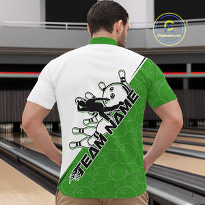 Cusom Green Strike Bowling Team Quarter-Zip Shirts For Men, Bowling League Shirt Bowlers Outfit IPHW9261