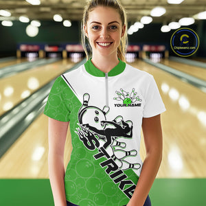 Cusom Green Strike Bowling Team Women Quarter-Zip Shirt, Bowling League Bowler Outfit IPHW9261