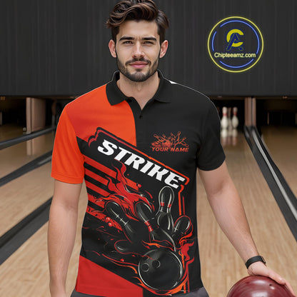 Custom Red Orange Flame Strike Bowling Polo Shirts For Men, Fire Bowling League Shirt IPHW9267