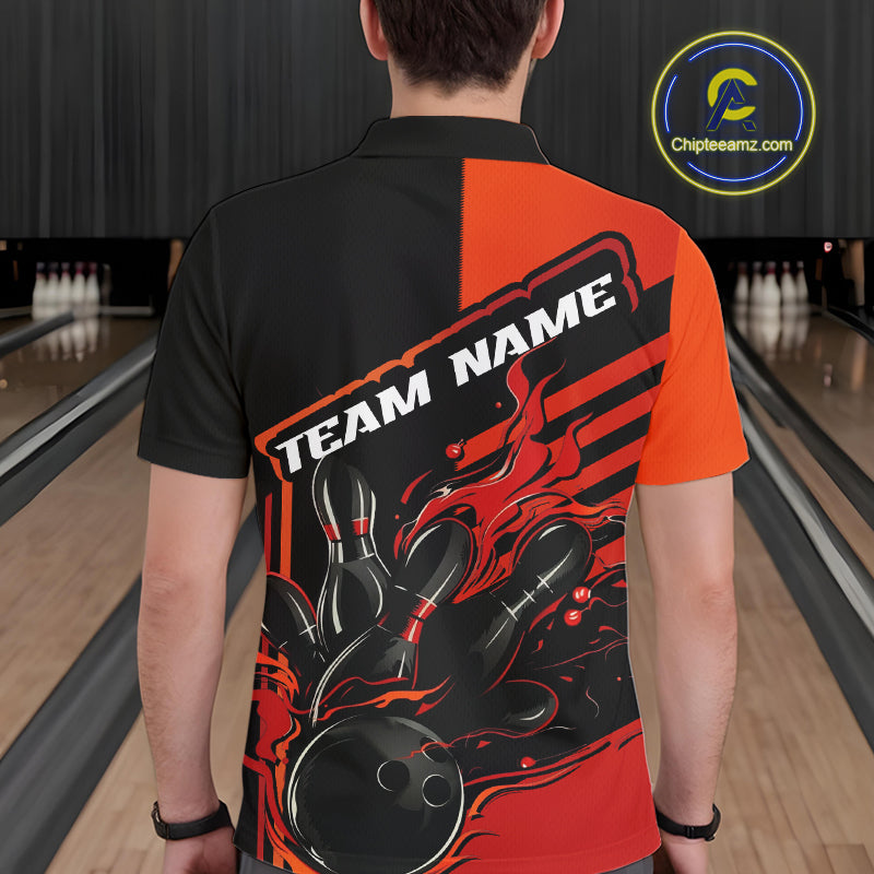 Custom Red Orange Flame Strike Bowling Polo Shirts For Men, Fire Bowling League Shirt IPHW9267