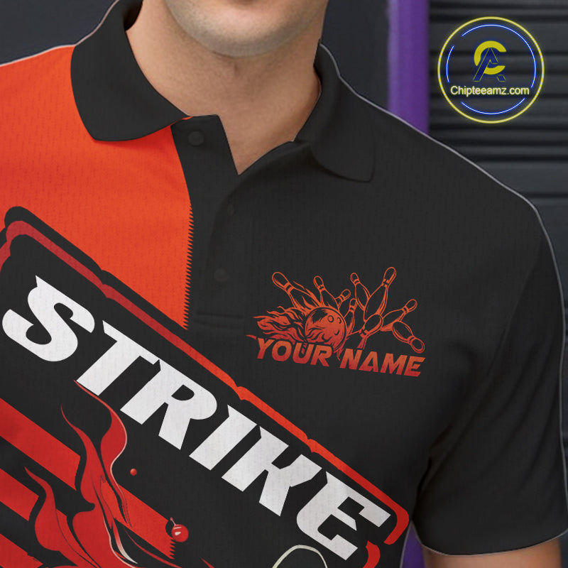 Custom Red Orange Flame Strike Bowling Polo Shirts For Men, Fire Bowling League Shirt IPHW9267