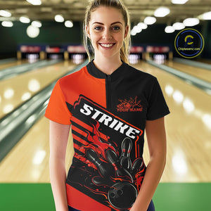 Custom Red Orange Flame Strike Bowling Women Quarter-Zip Shirt, Fire Bowling League Shirt IPHW9267