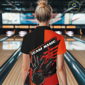 Custom Red Orange Flame Strike Bowling Women Quarter-Zip Shirt, Fire Bowling League Shirt IPHW9267