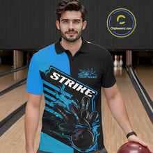 Load image into Gallery viewer, Custom Black And Blue Flame Strike Bowling Polo Shirts For Men, Fire Bowling League Shirt IPHW9268