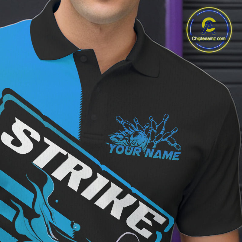 Custom Black And Blue Flame Strike Bowling Polo Shirts For Men, Fire Bowling League Shirt IPHW9268