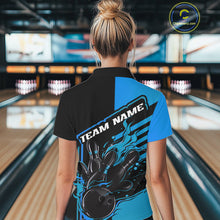 Load image into Gallery viewer, Custom Black And Blue Flame Strike Bowling Polo Shirts For Women, Bowling League Shirt IPHW9268