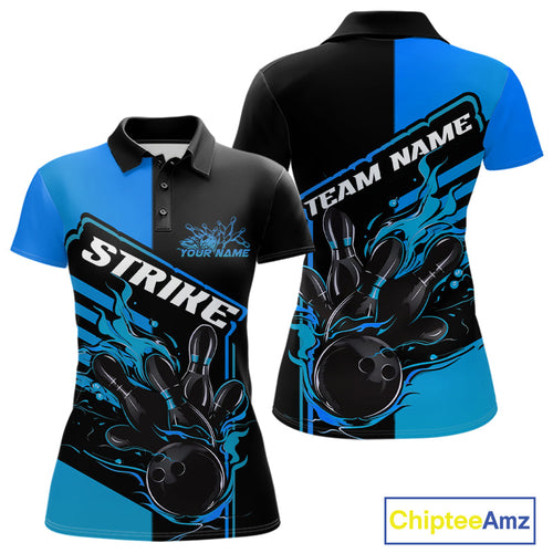 Custom Black And Blue Flame Strike Bowling Polo Shirts For Women, Bowling League Shirt IPHW9268