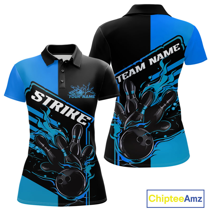 Custom Black And Blue Flame Strike Bowling Polo Shirts For Women, Bowling League Shirt IPHW9268