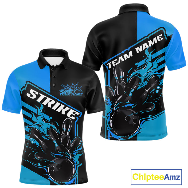 Custom Black And Blue Flame Strike Bowling Polo Shirts For Men, Fire Bowling League Shirt IPHW9268