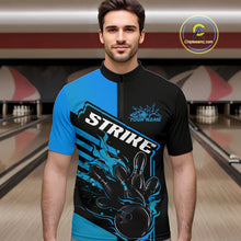 Load image into Gallery viewer, Custom Black And Blue Flame Strike Bowling Quarter-Zip Shirts For Men, Fire Bowling League Shirt IPHW9268
