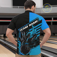 Load image into Gallery viewer, Custom Black And Blue Flame Strike Bowling Quarter-Zip Shirts For Men, Fire Bowling League Shirt IPHW9268