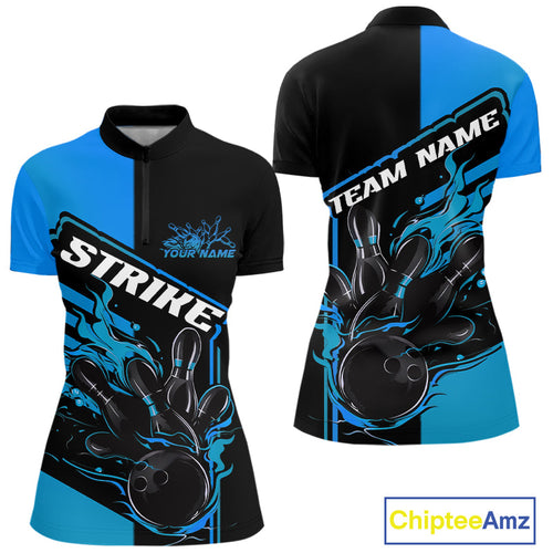 Custom Black And Blue Flame Strike Bowling Women Quarter-Zip Shirt, Bowling League Shirt IPHW9268