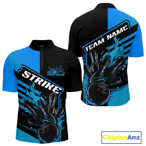 Custom Black And Blue Flame Strike Bowling Quarter-Zip Shirts For Men, Fire Bowling League Shirt IPHW9268