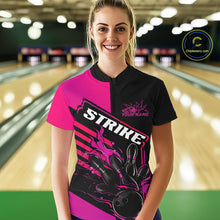 Load image into Gallery viewer, Custom Black And Pink Flame Strike Bowling Women Quarter-Zip Shirt, Bowling League Shirt IPHW9269