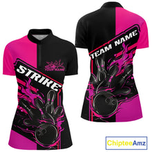 Load image into Gallery viewer, Custom Black And Pink Flame Strike Bowling Women Quarter-Zip Shirt, Bowling League Shirt IPHW9269