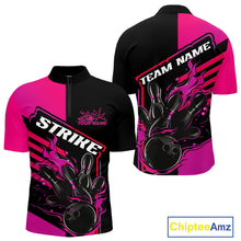 Load image into Gallery viewer, Custom Black And Pink Flame Strike Bowling Quarter-Zip Shirts For Men, Fire Bowling League Shirt IPHW9269