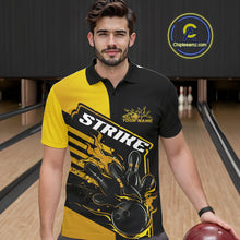 Load image into Gallery viewer, Custom Black And Gold Flame Strike Bowling Polo Shirts For Men, Fire Bowling League Shirt IPHW9270